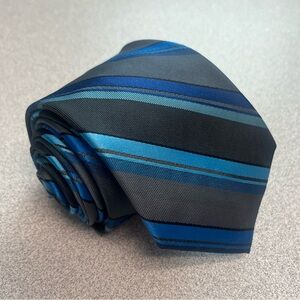 JF J. Ferrar Striped 100% Polyester Repp Tie Black Blue Grey Wedding Formal